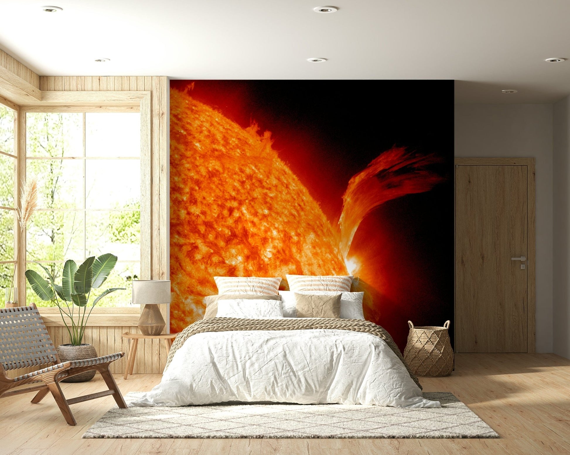 Fiery orange tones mural for a contemporary bedroom