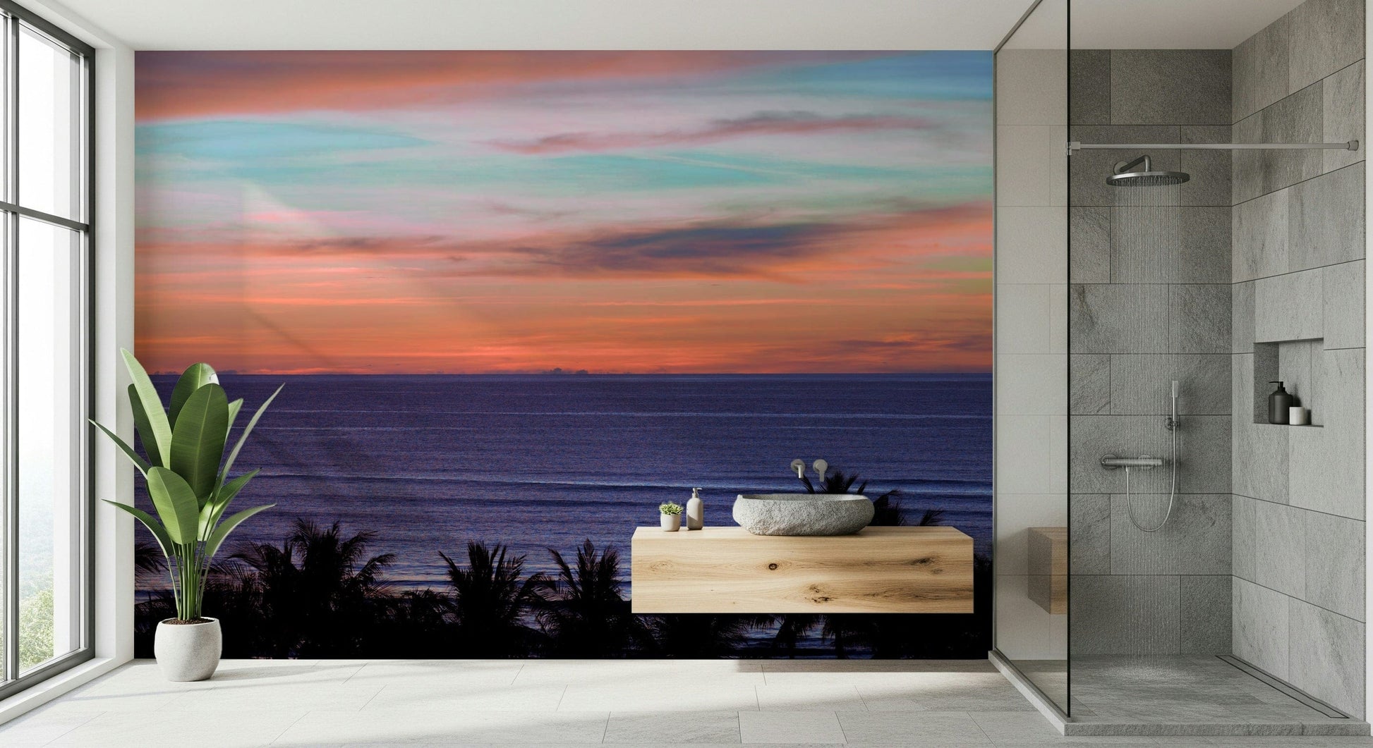 Large coastal home décor in a master bedroom with a warm sunset theme.