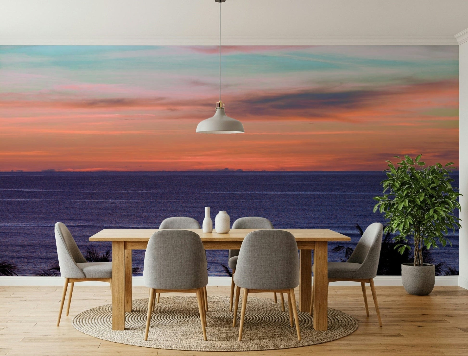 Creative nursery wall mural with a soft focus sunset design.