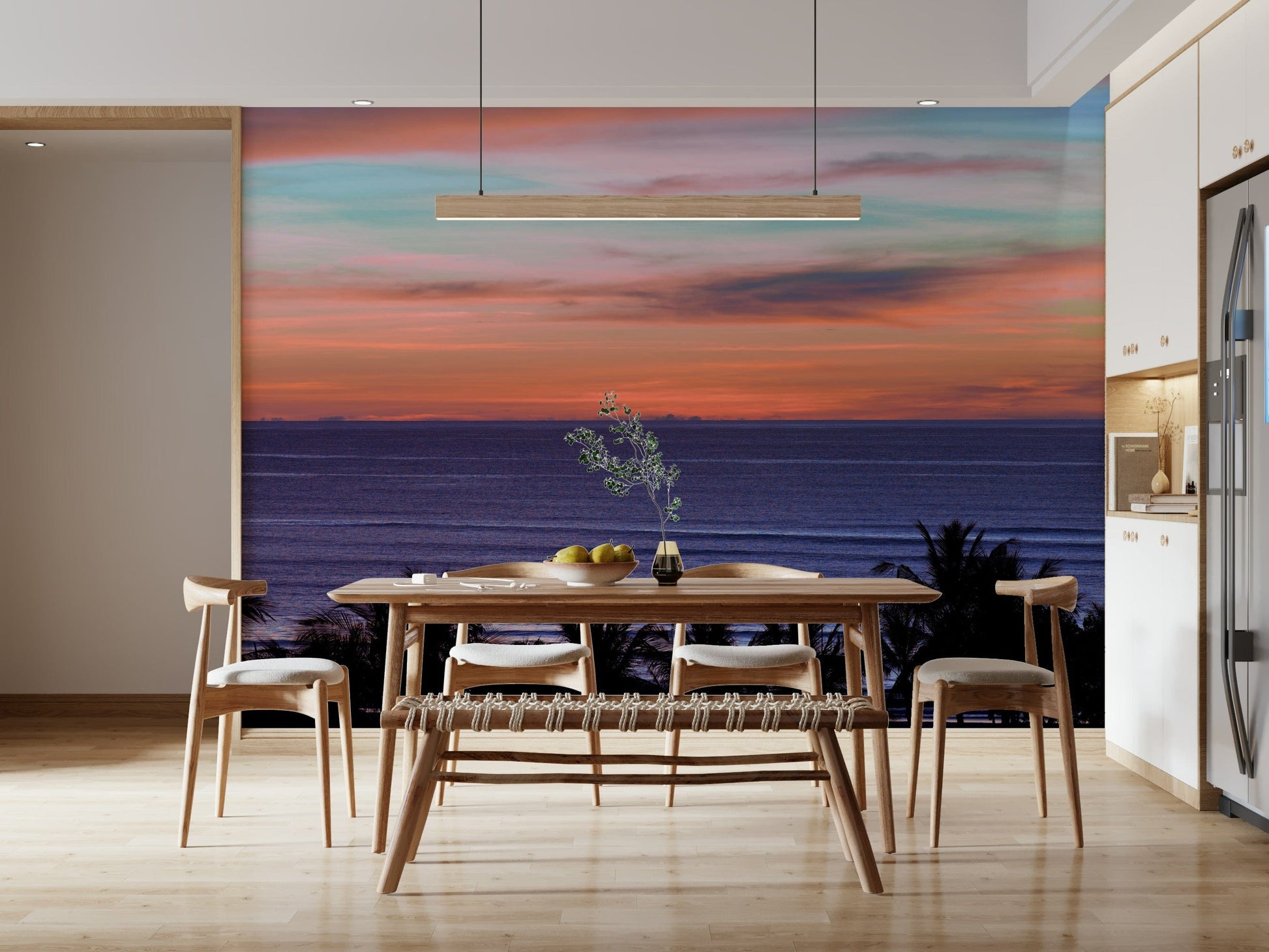 Detailed seaside wallcovering featuring a vibrant golden hour horizon.