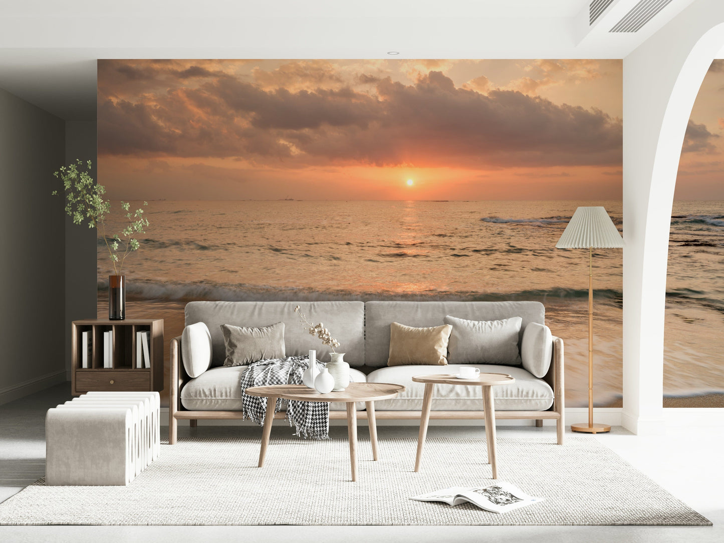 Inspiring Gilded Shores beach scene wall mural, peaceful horizon perspective.