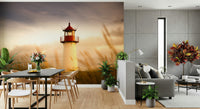Hallway feature wall with ocean horizon mural, lighthouse glow,.