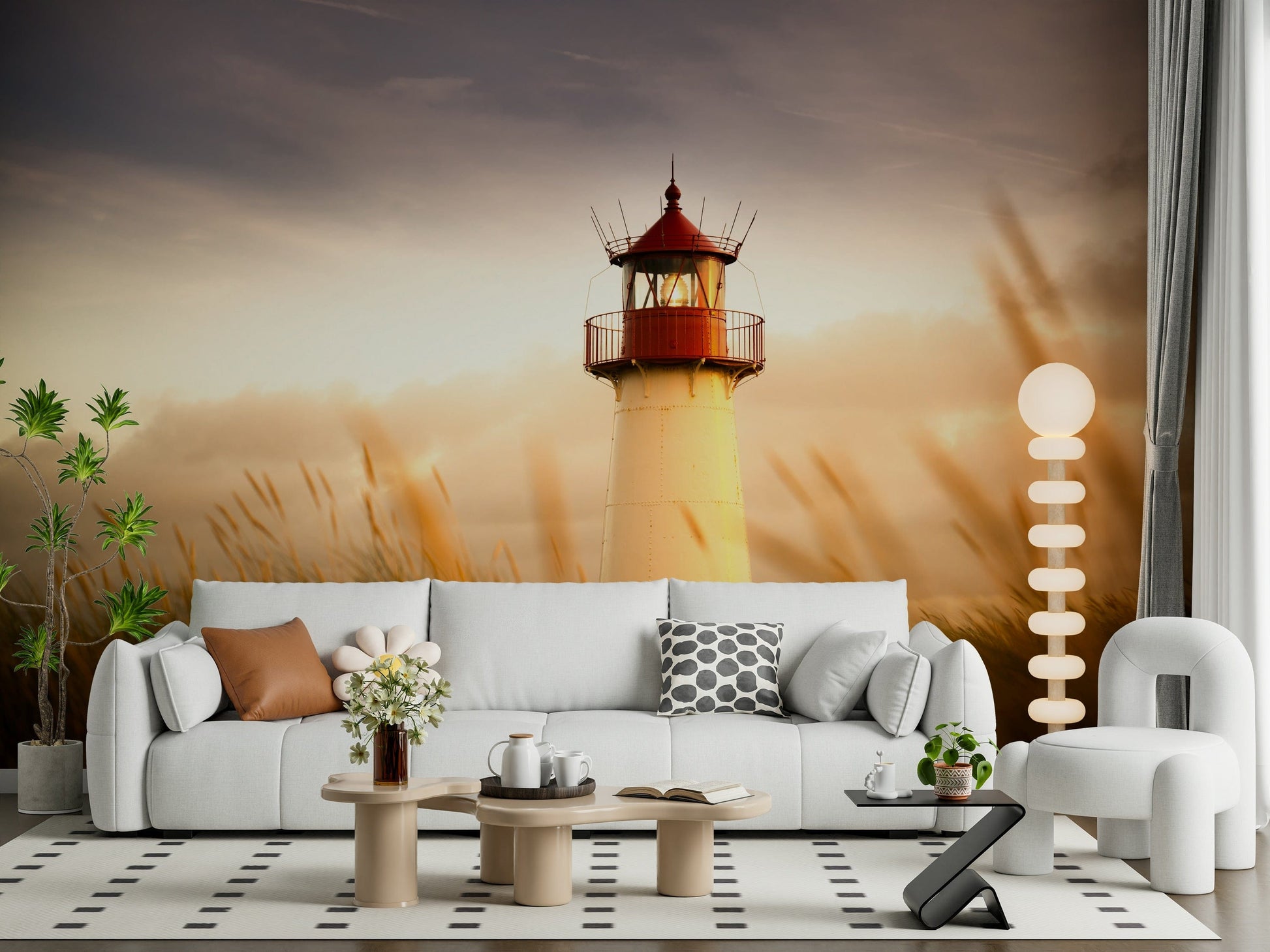 Modern apartment dining area with sunset coast wall mural.