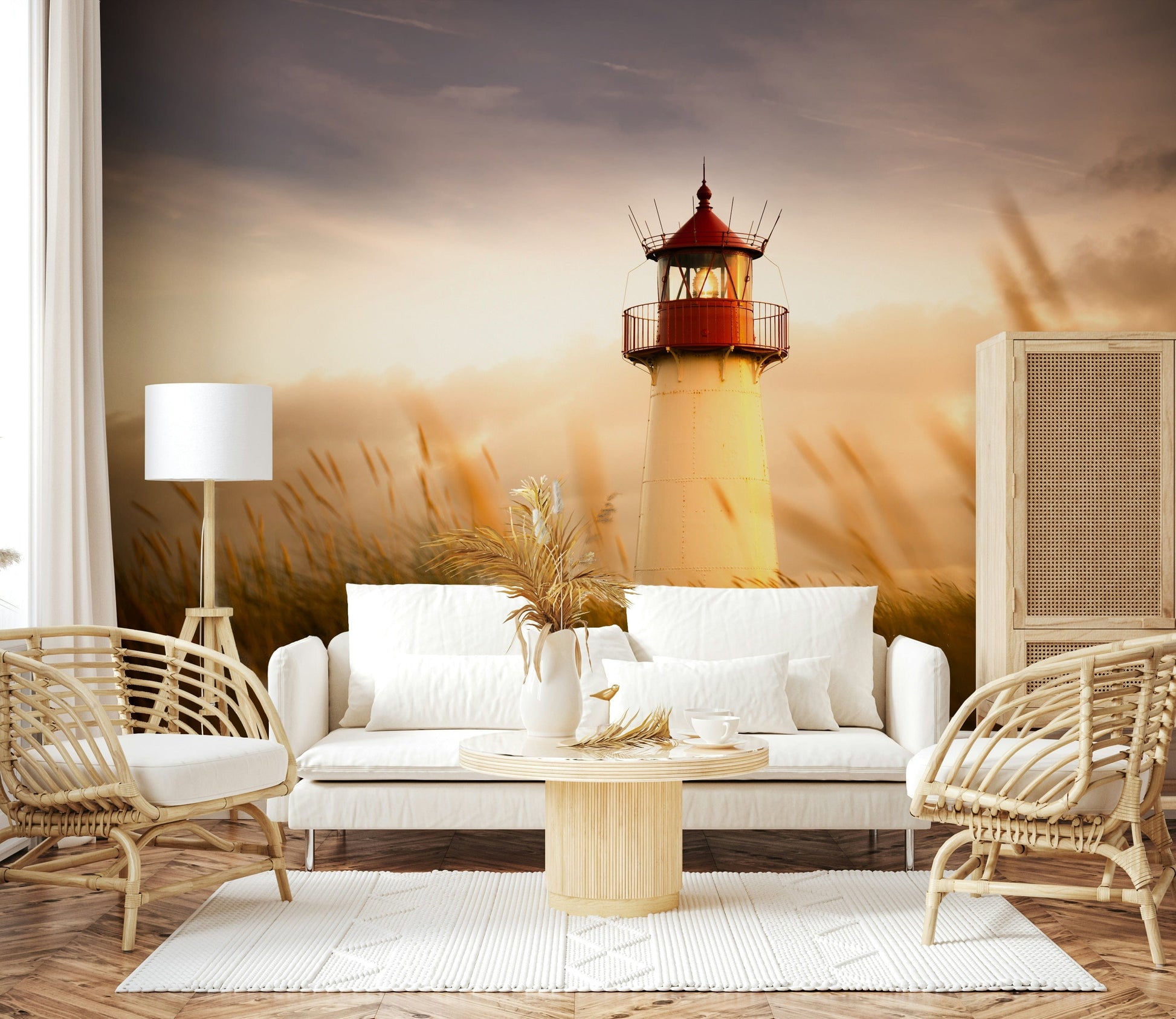 Home office backdrop with coastal beacon wall mural.