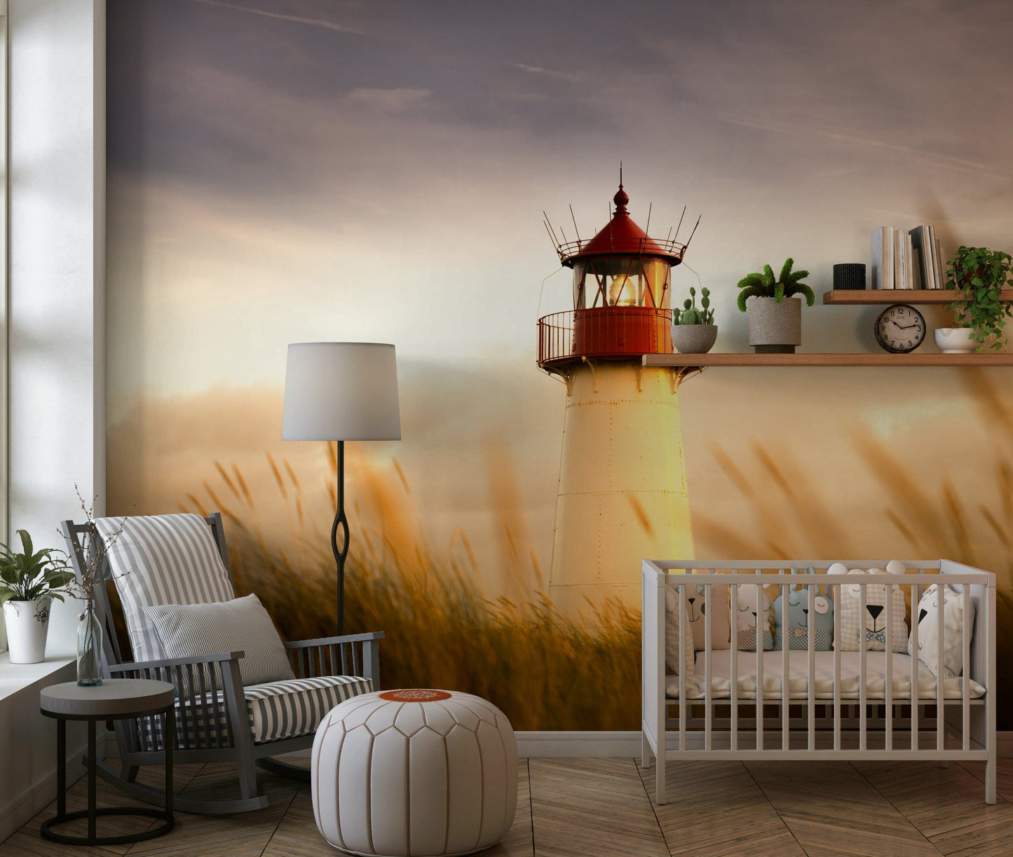 Reading nook wall mural with lighthouse beacon, sunset colours, relaxed coastal decor