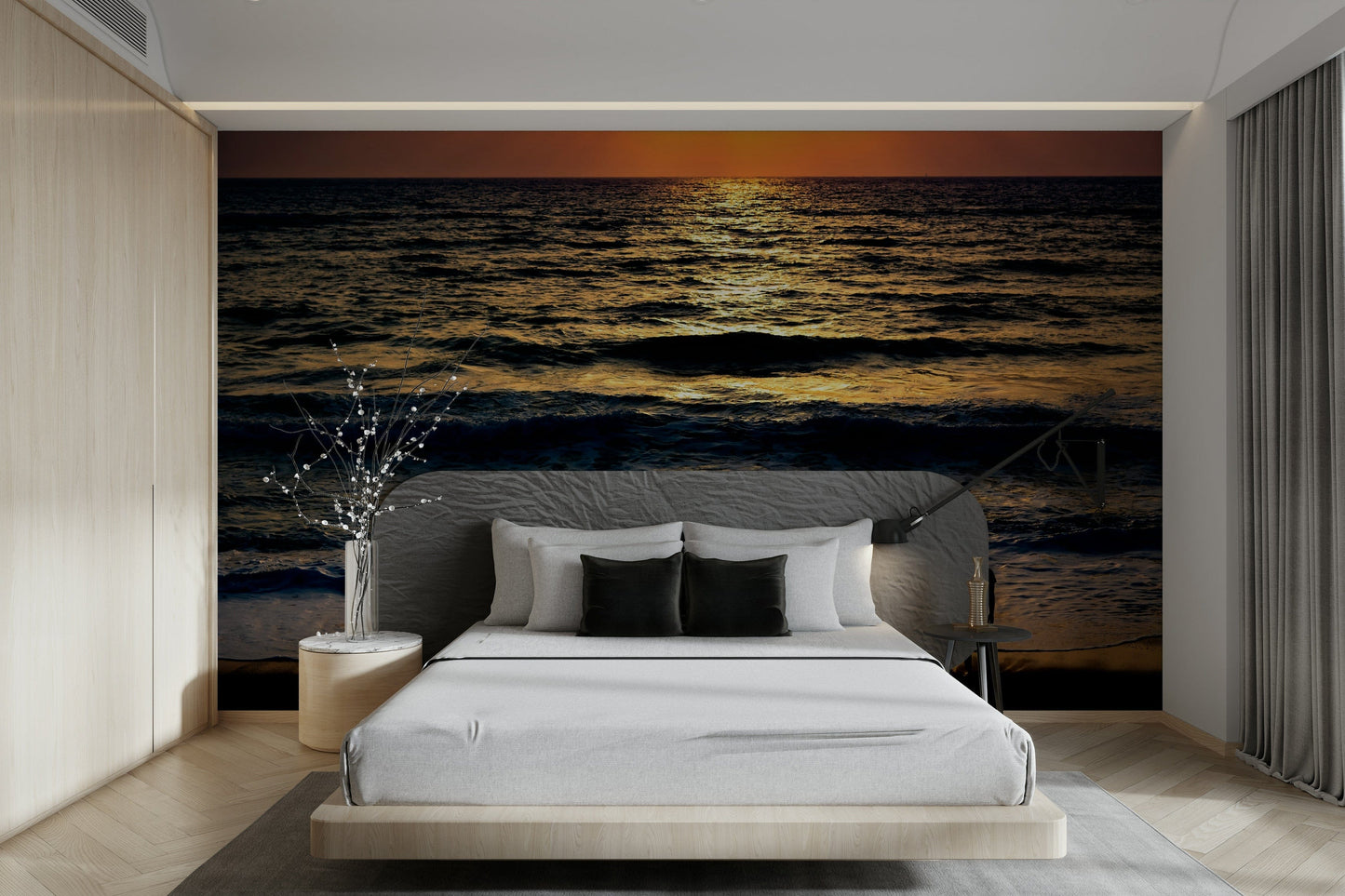 A calming modern design wallpaper mural that defines a space.

