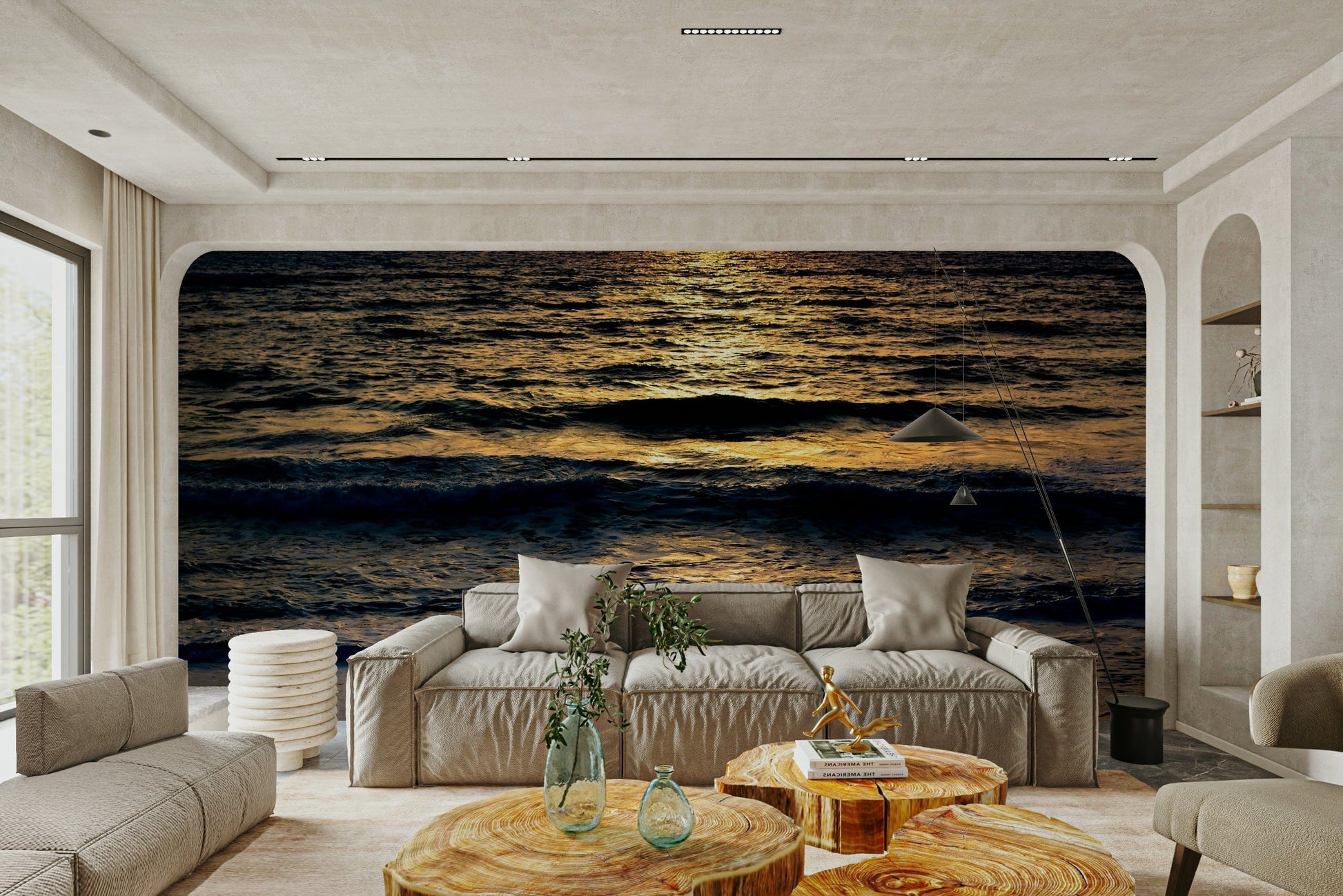 An artistic contemplative mural on minimalist wallpaper.

