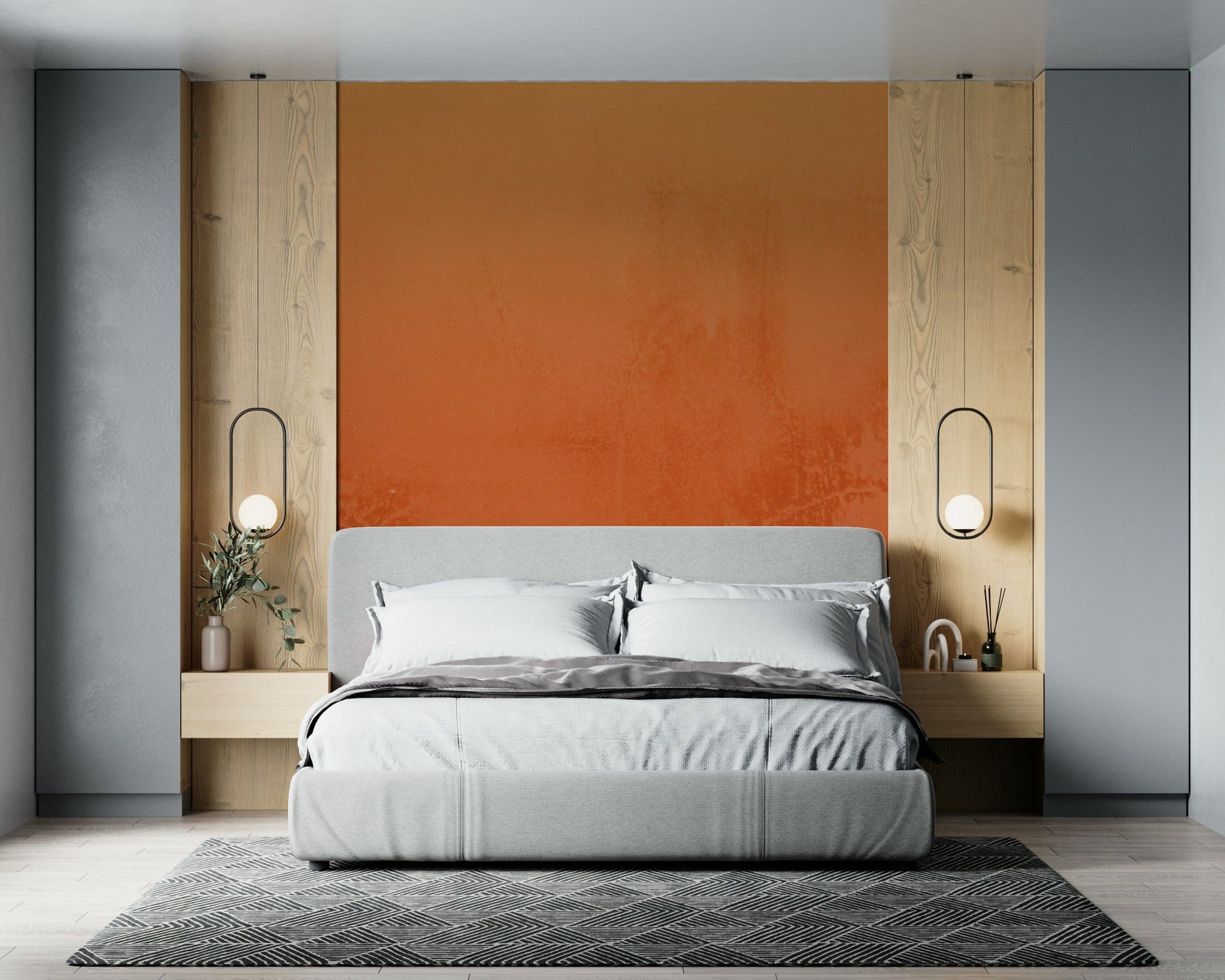 Vibrant tangerine orange wall mural featuring a rustic patina finish.