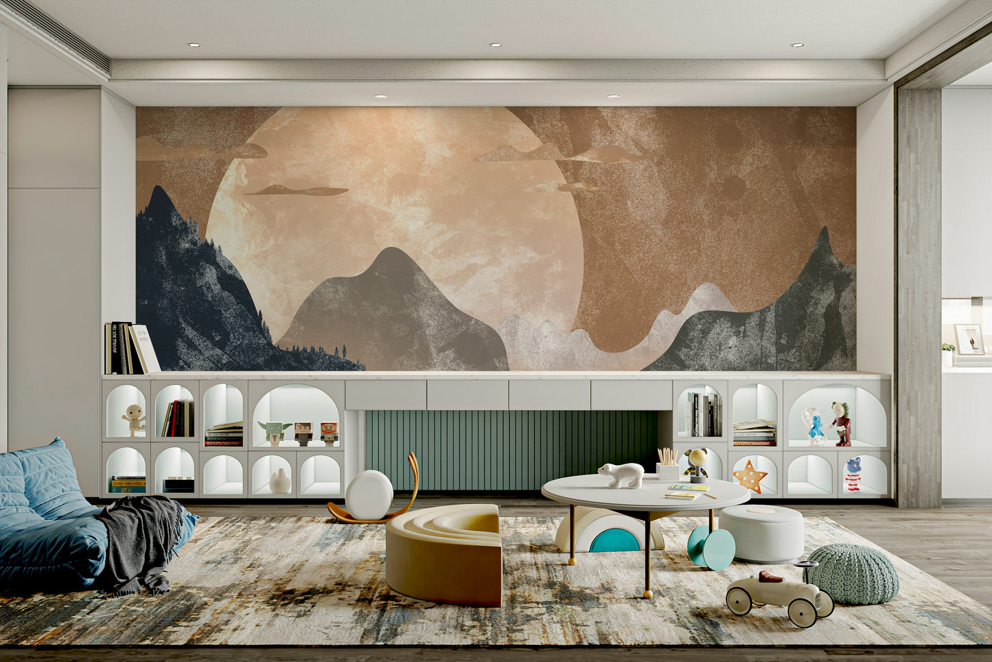 Vibrant dusk sky and jagged peaks wallpaper for a rustic themed guest suite.