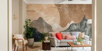 Sunset Over the Peaks Wallpaper featuring soft pink clouds and blue ridges in a nursery.