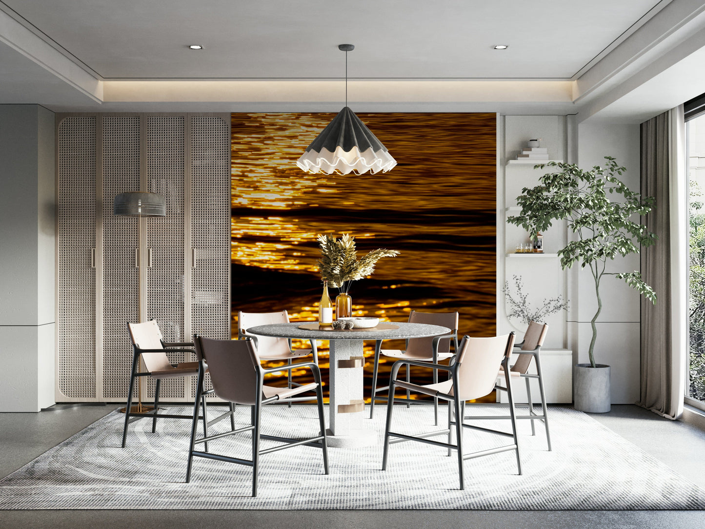 A graceful sunset landscape wall mural in warm, golden tones.

