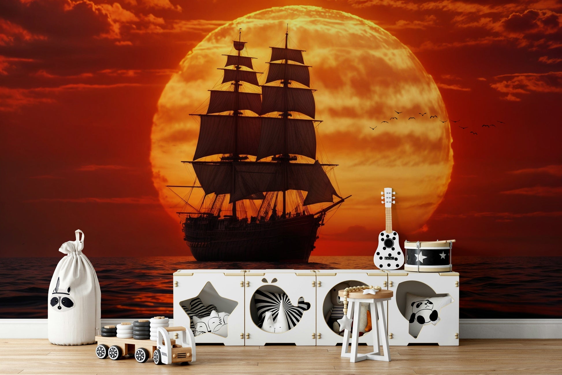 The wallpaper is used as a feature wall in a bedroom.