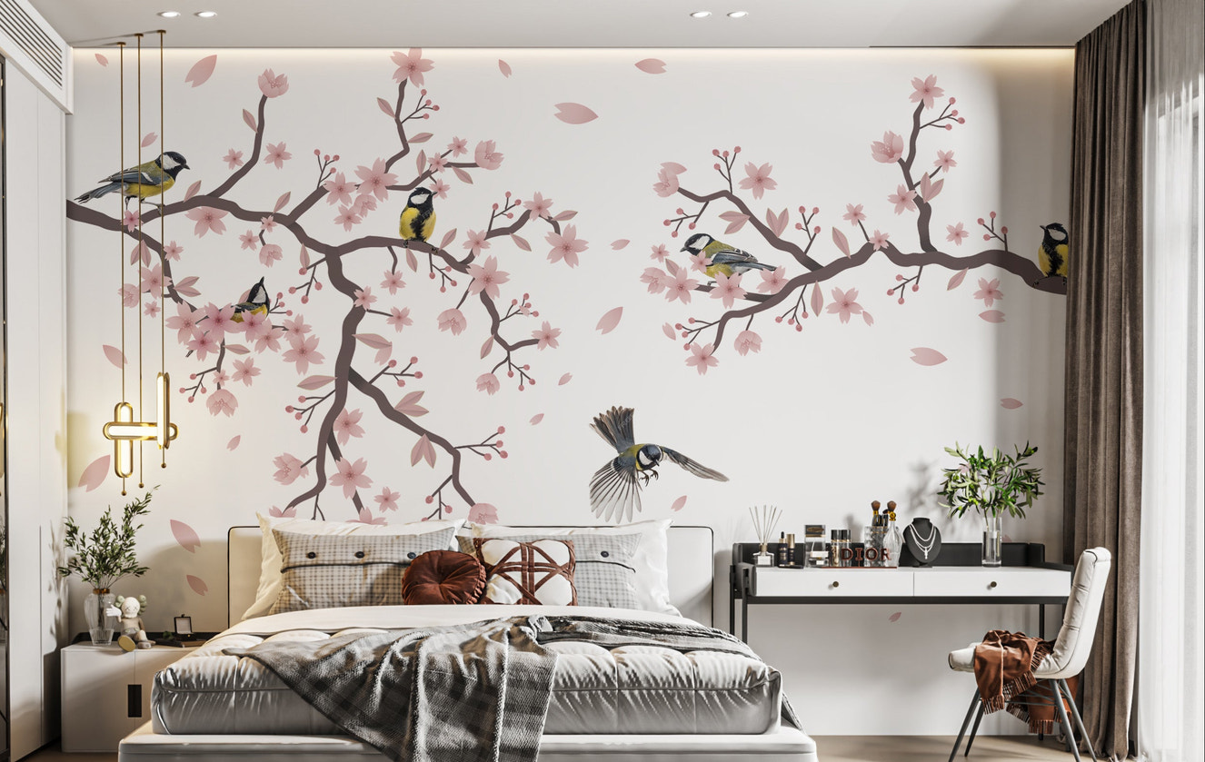 Sunset Titmouse Cherry Blossom Mural timeless beauty