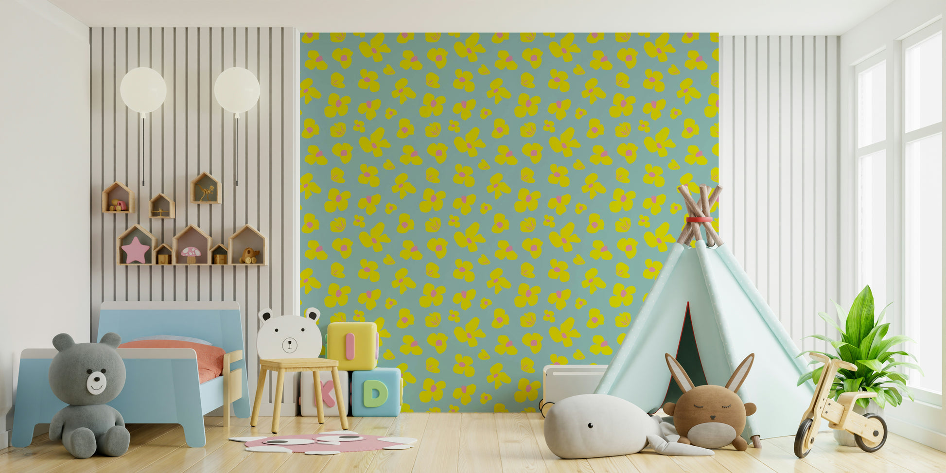 Summer-inspired daisy wallpaper for living rooms

