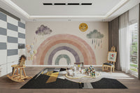 The rainbow is bright, with vibrant colors in a classic arc shape.
