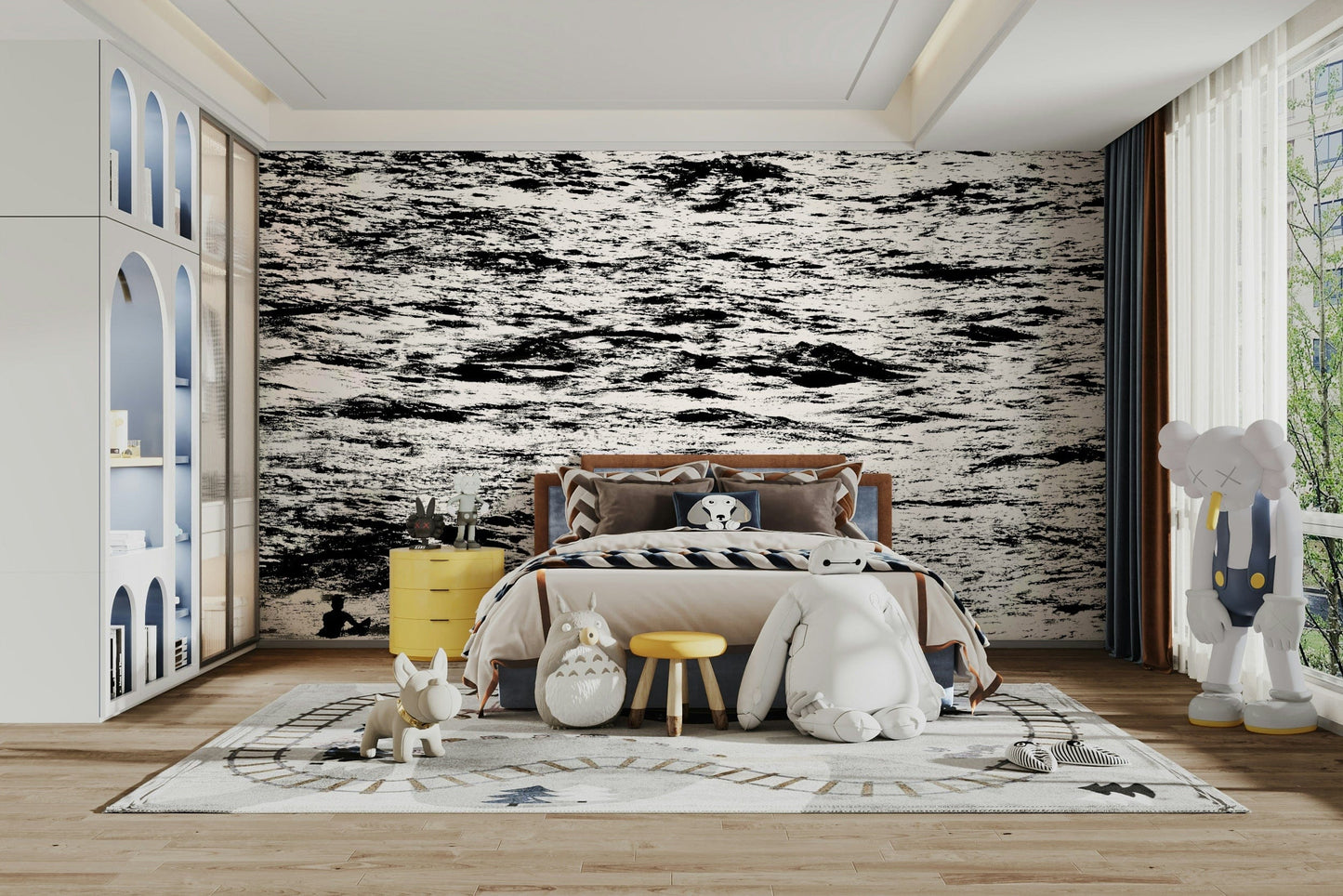 A peaceful seaside view mural on decorative wallpaper.

