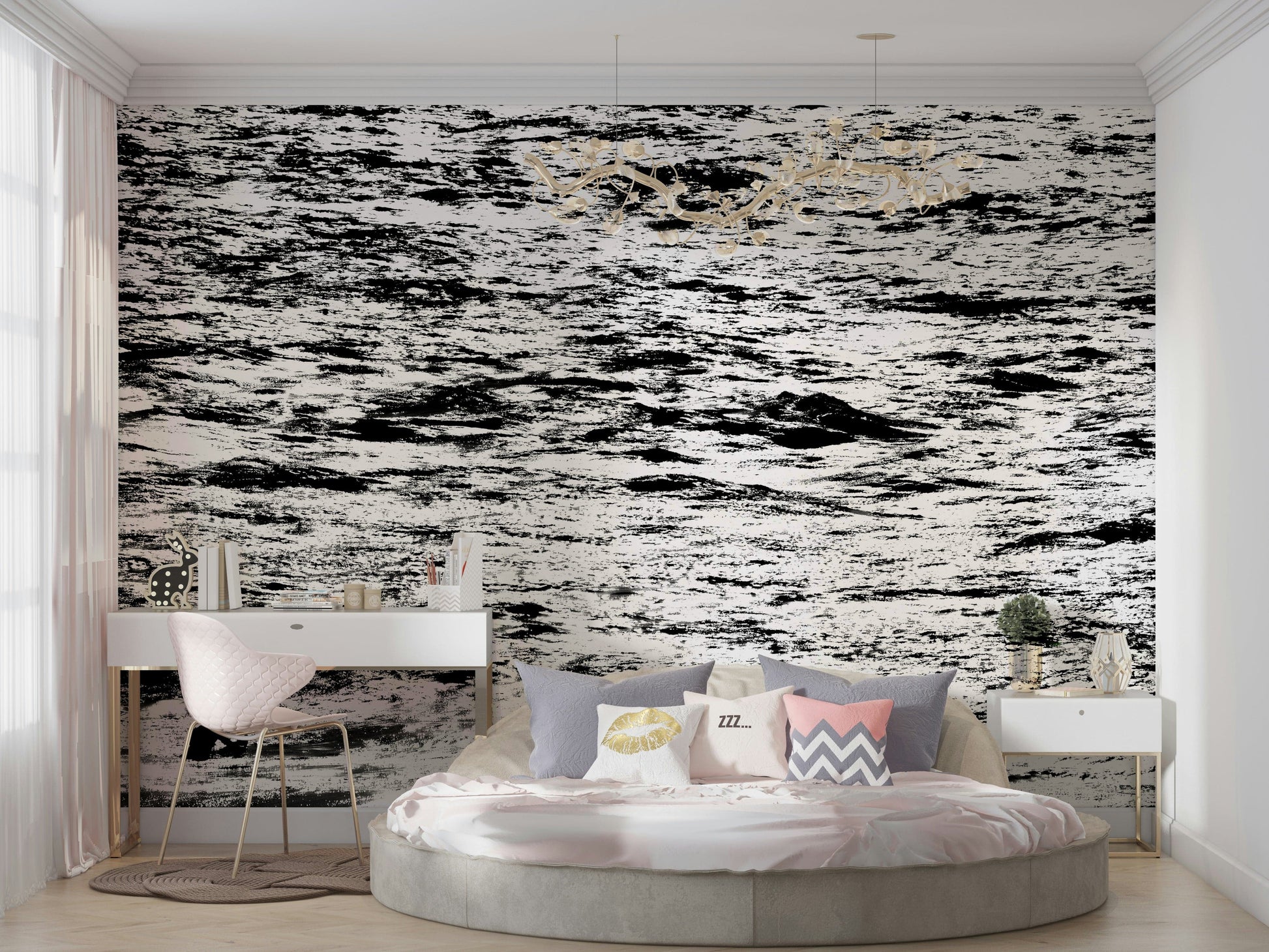 A serene wave motion wall mural for nautical decor.

