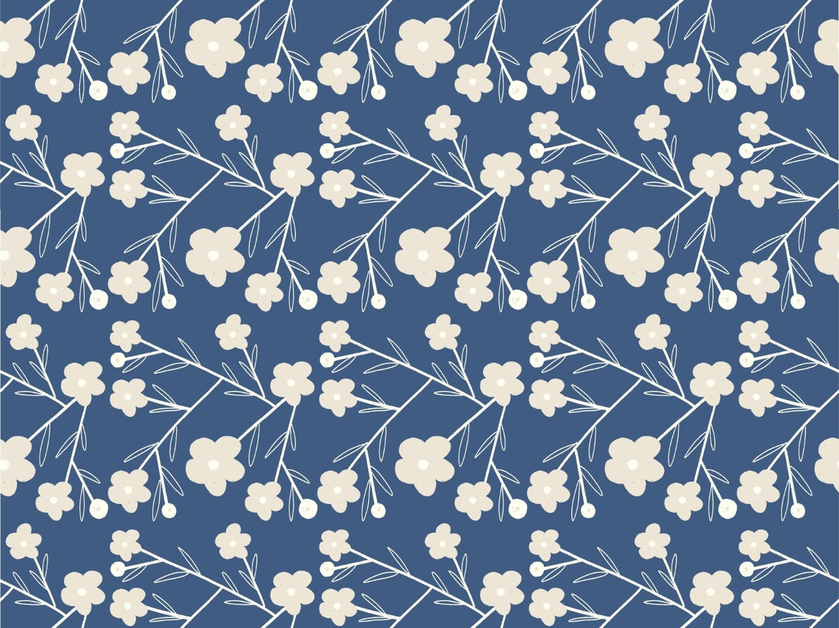 Navy Blue Modern Flower Buds Bush Wallpaper
