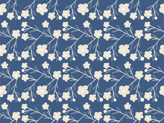 Navy Blue Modern Flower Buds Bush Wallpaper