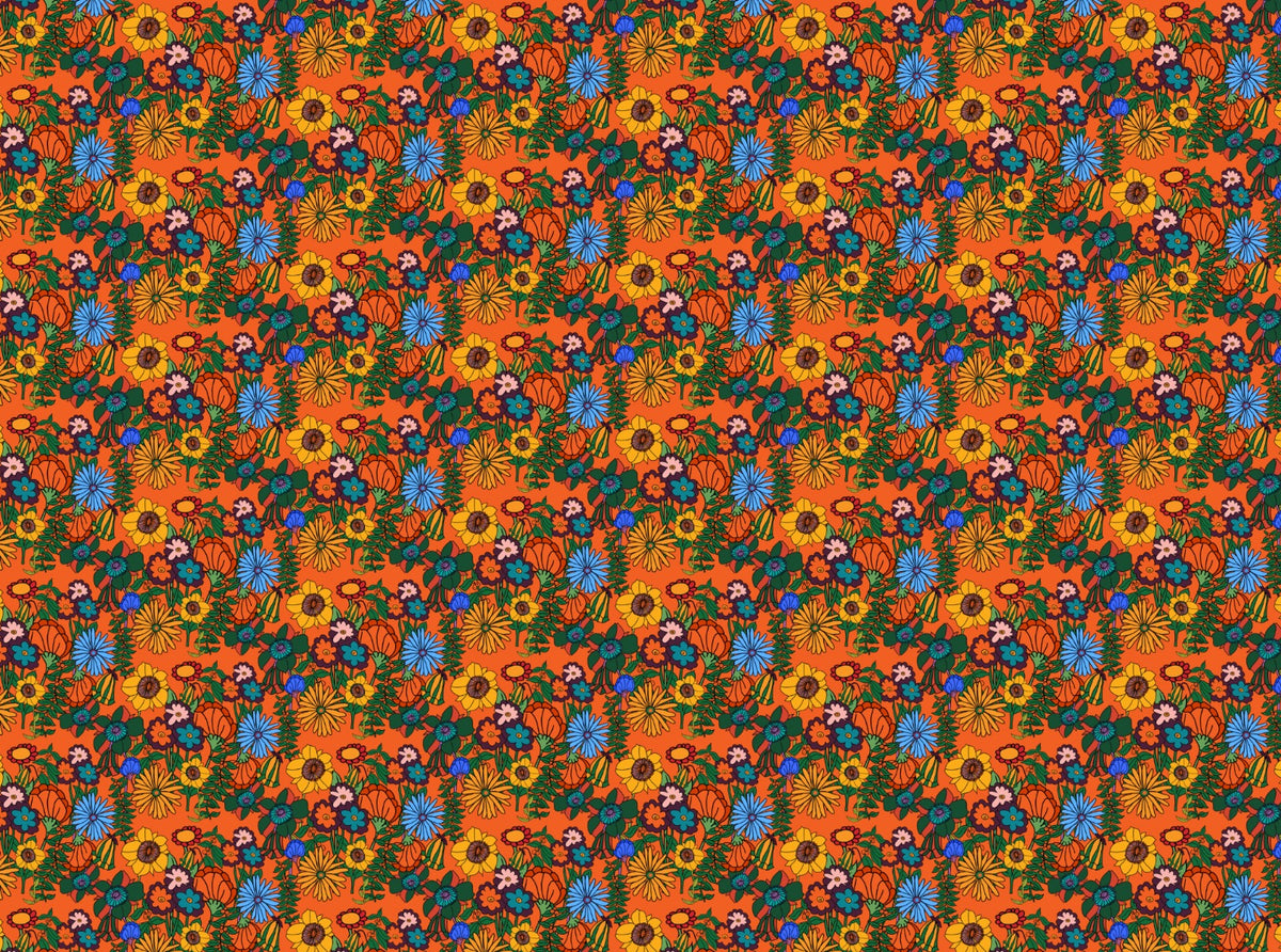 Retro 60s Floral Orange Wallpaper in your room — zoomed
