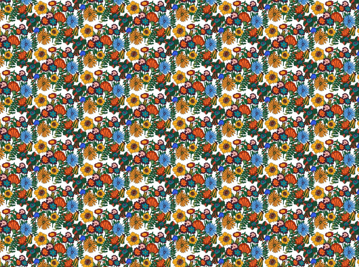 Retro 60s Floral White Backgorund Wallpaper in your room — zoomed