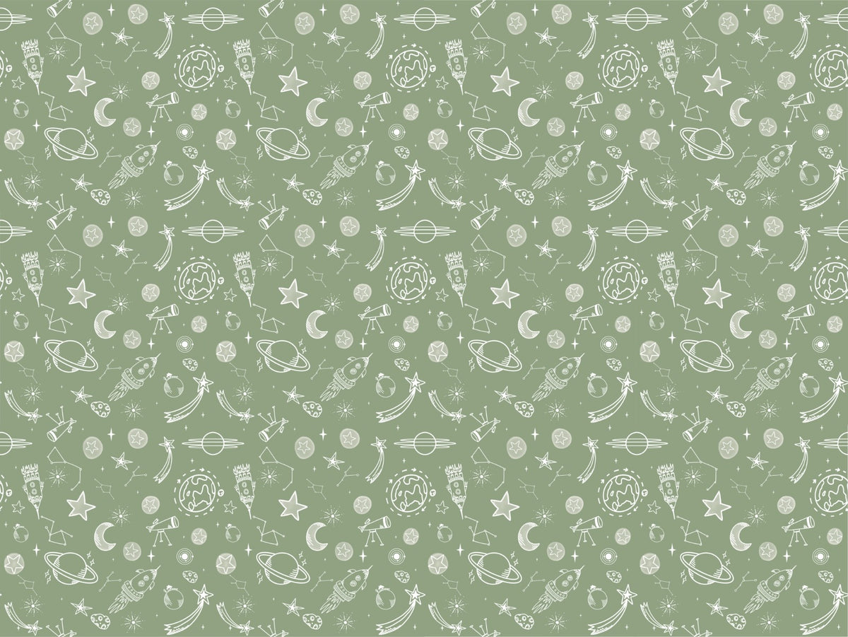 Space Voyage Green Kids Wallpaper in your room — zoomed