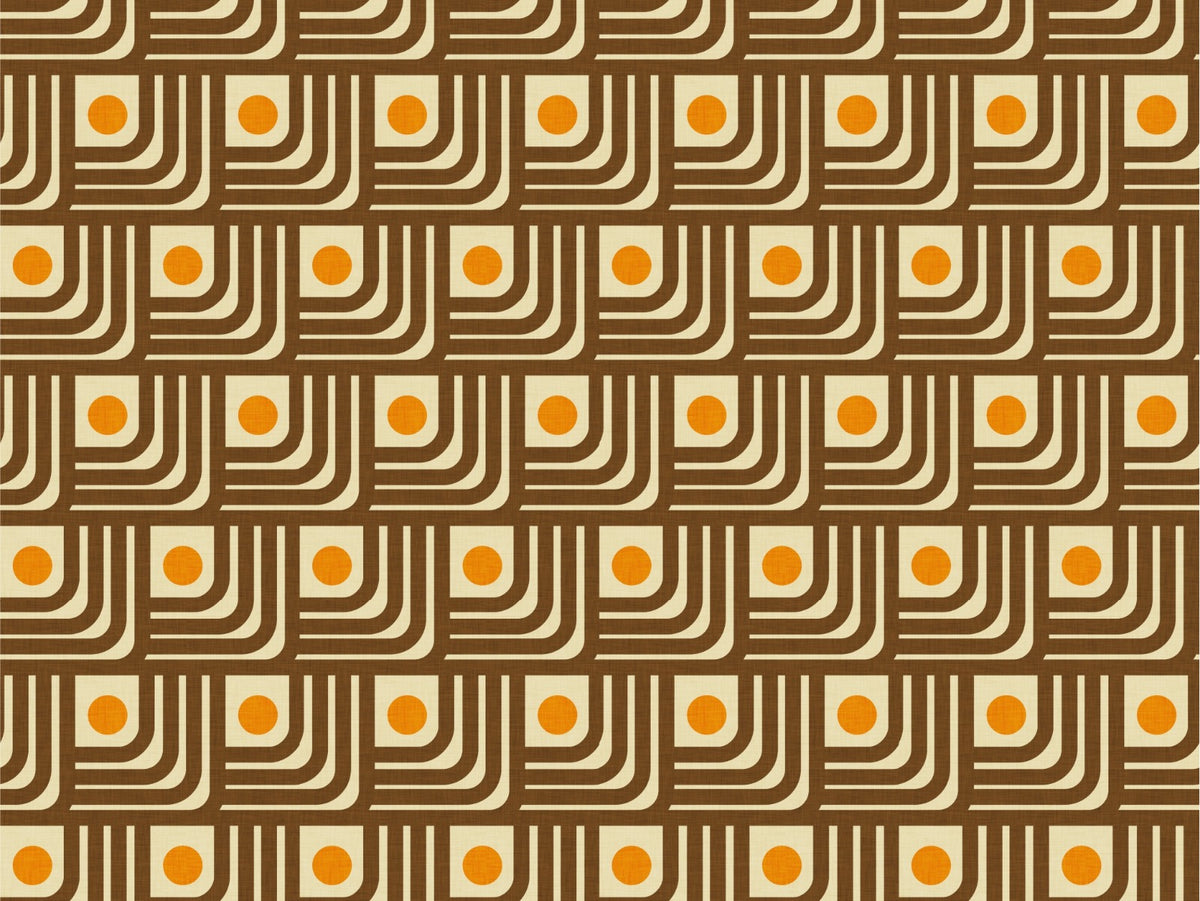 70s Curve Lines Brown Orange Wallpaper in your room — zoomed
