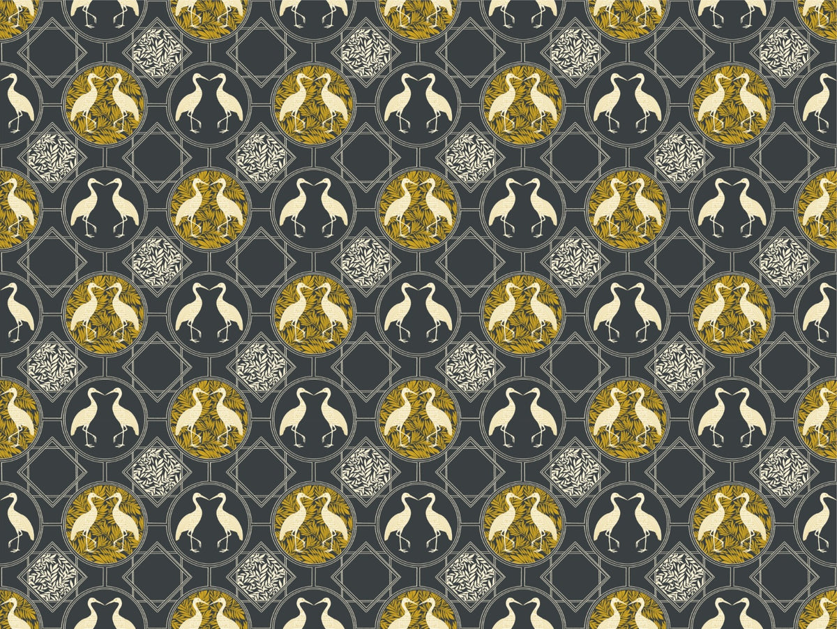Art Deco White Heron Charcoal Wallpaper in your room — zoomed