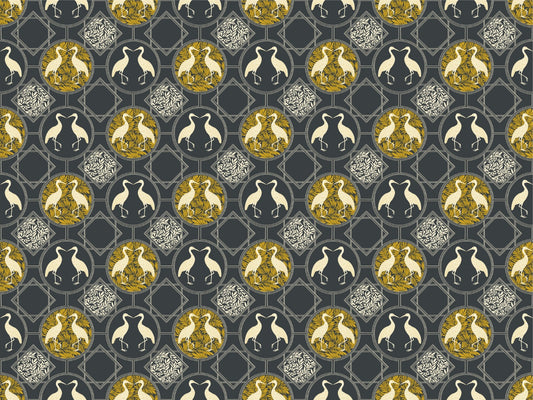 Art Deco White Heron Charcoal Wallpaper