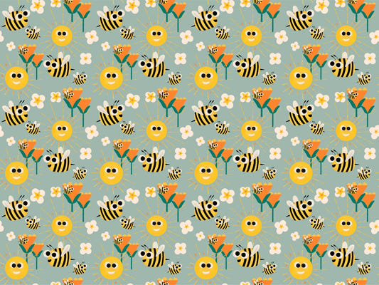 Happy Bees and Sunshine Blue Cadet Wallpaper
