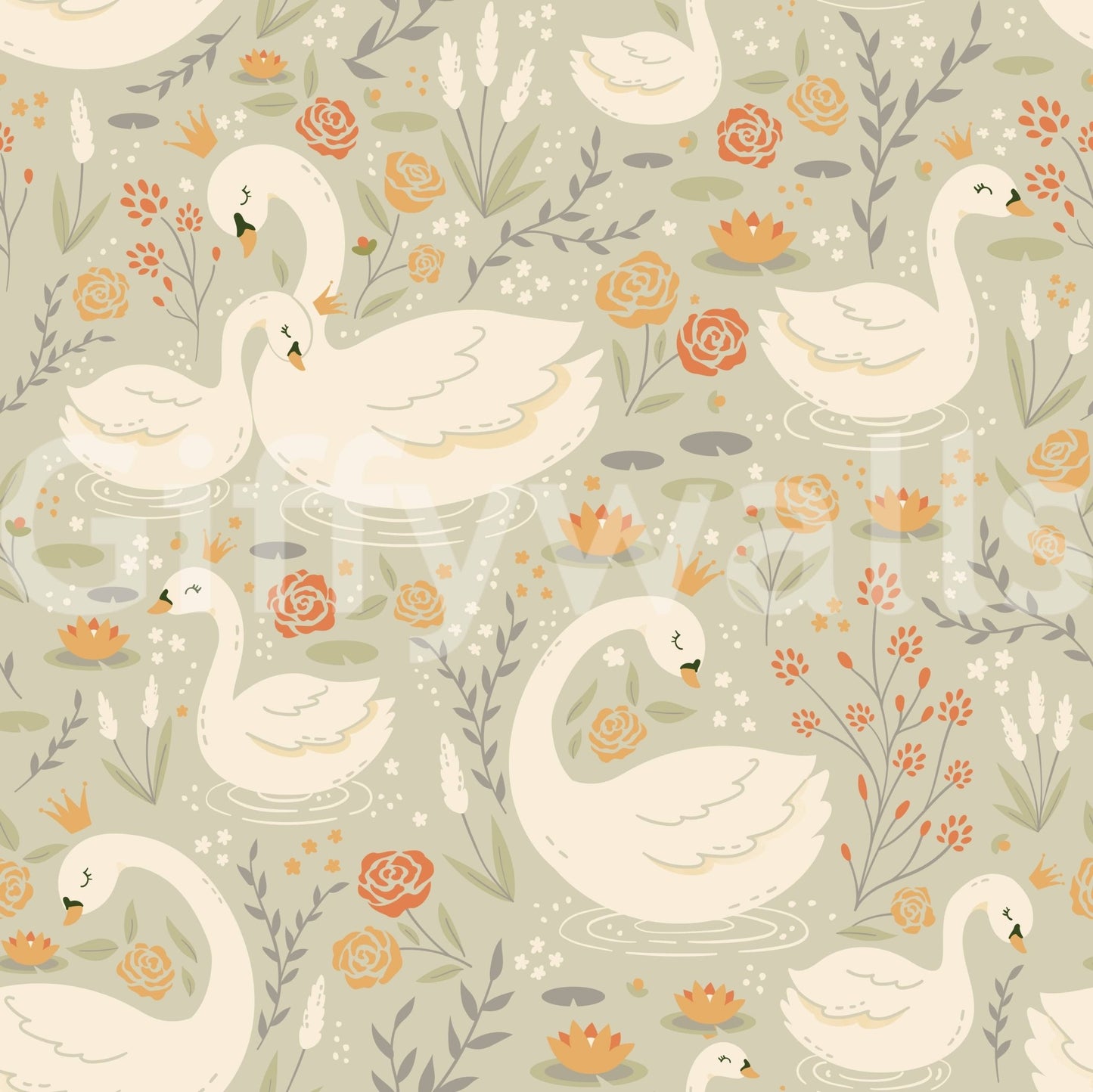 Artistic lake mural featuring swans in a peaceful, dreamlike atmosphere.
