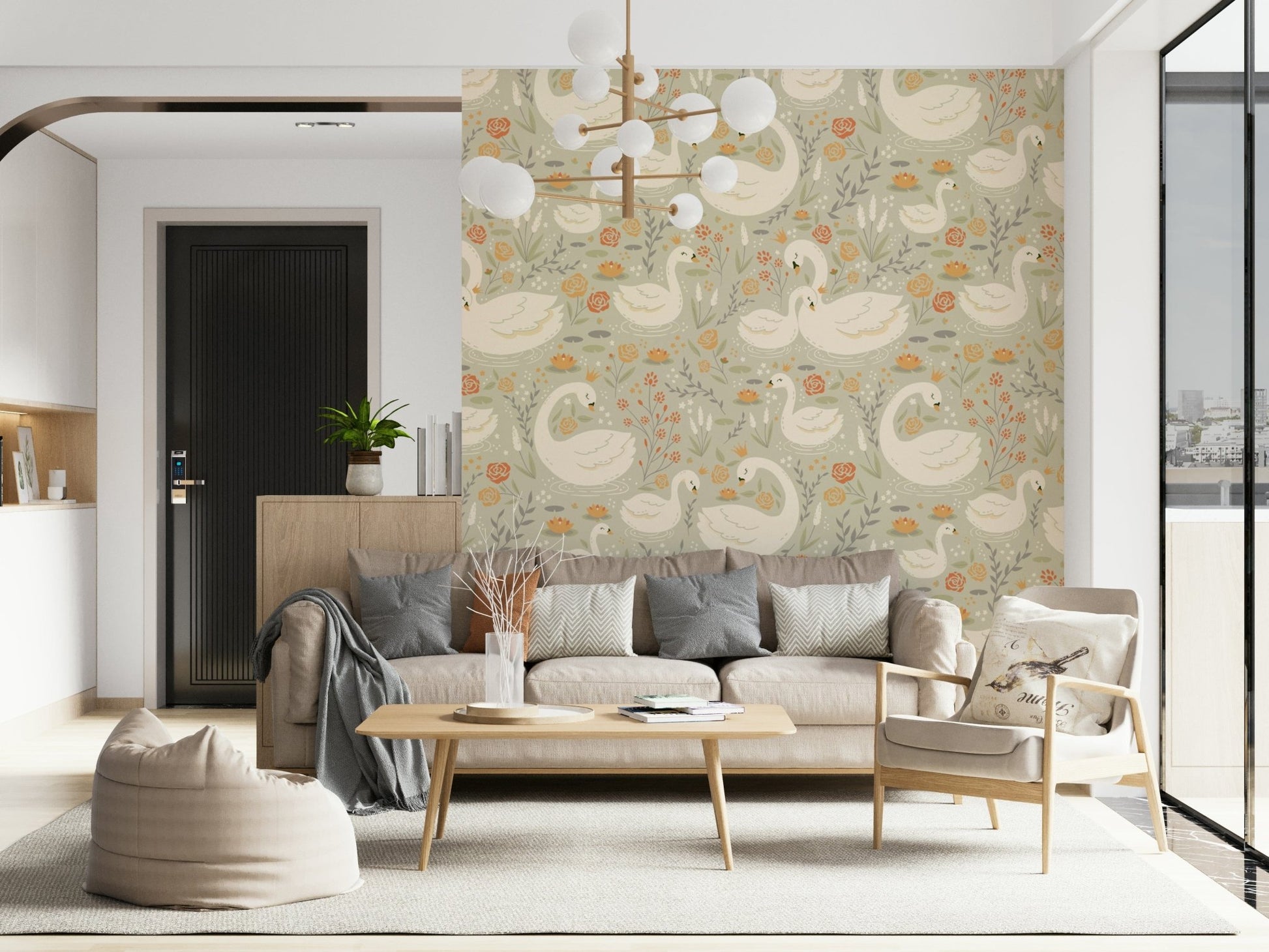 Whimsical Swan Lake mural with floating water reflections and elegant birds.