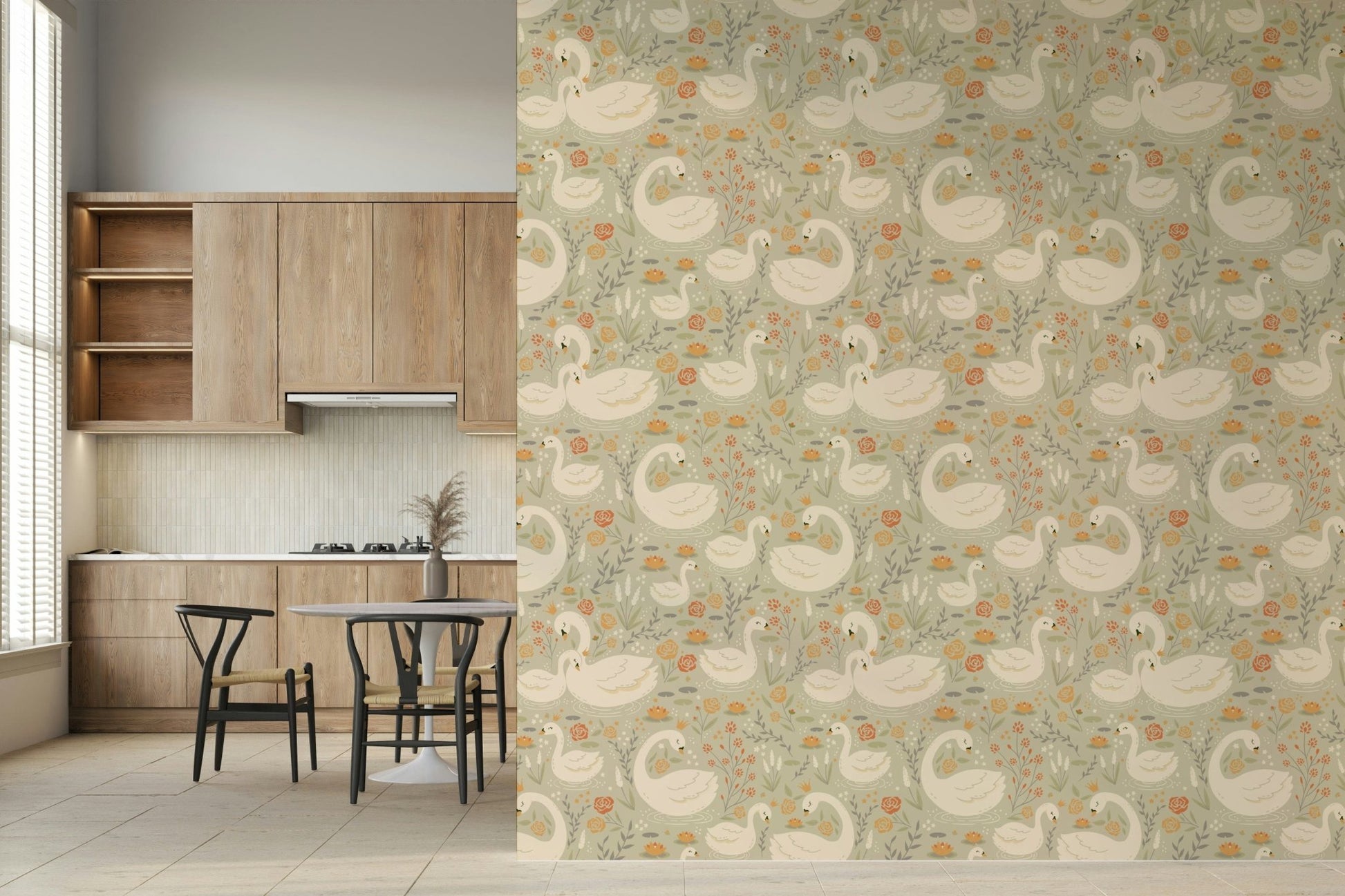 Fairytale-inspired swan lake design with delicate colors and soft scenery.