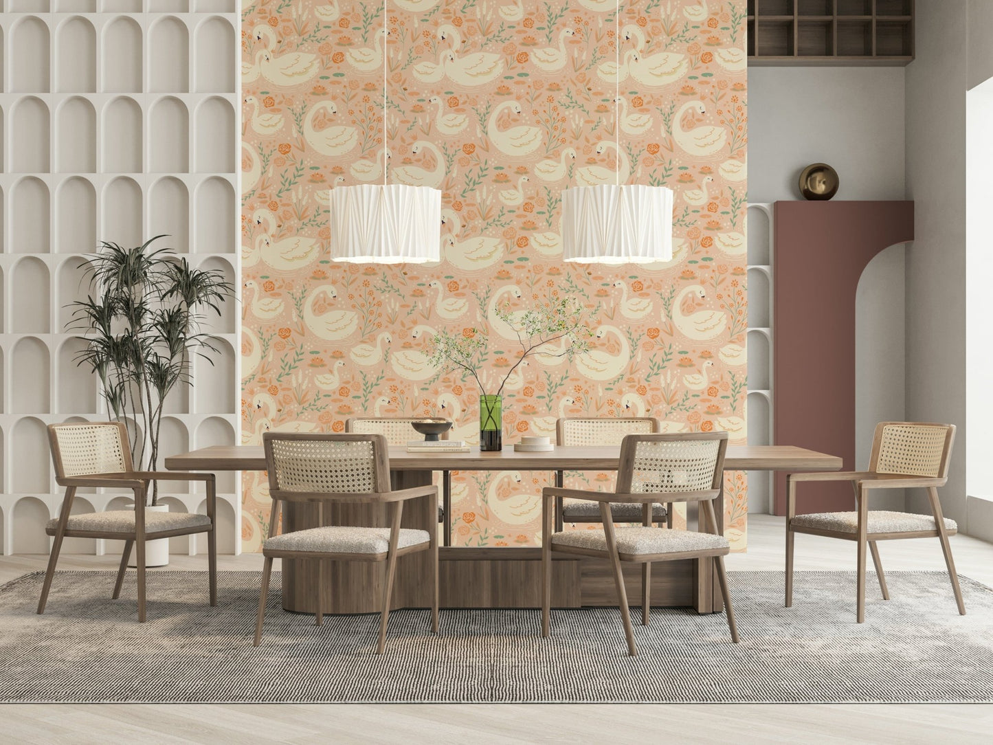 Pastel-toned Swan Lake mural with floating blossoms and calm water reflections.