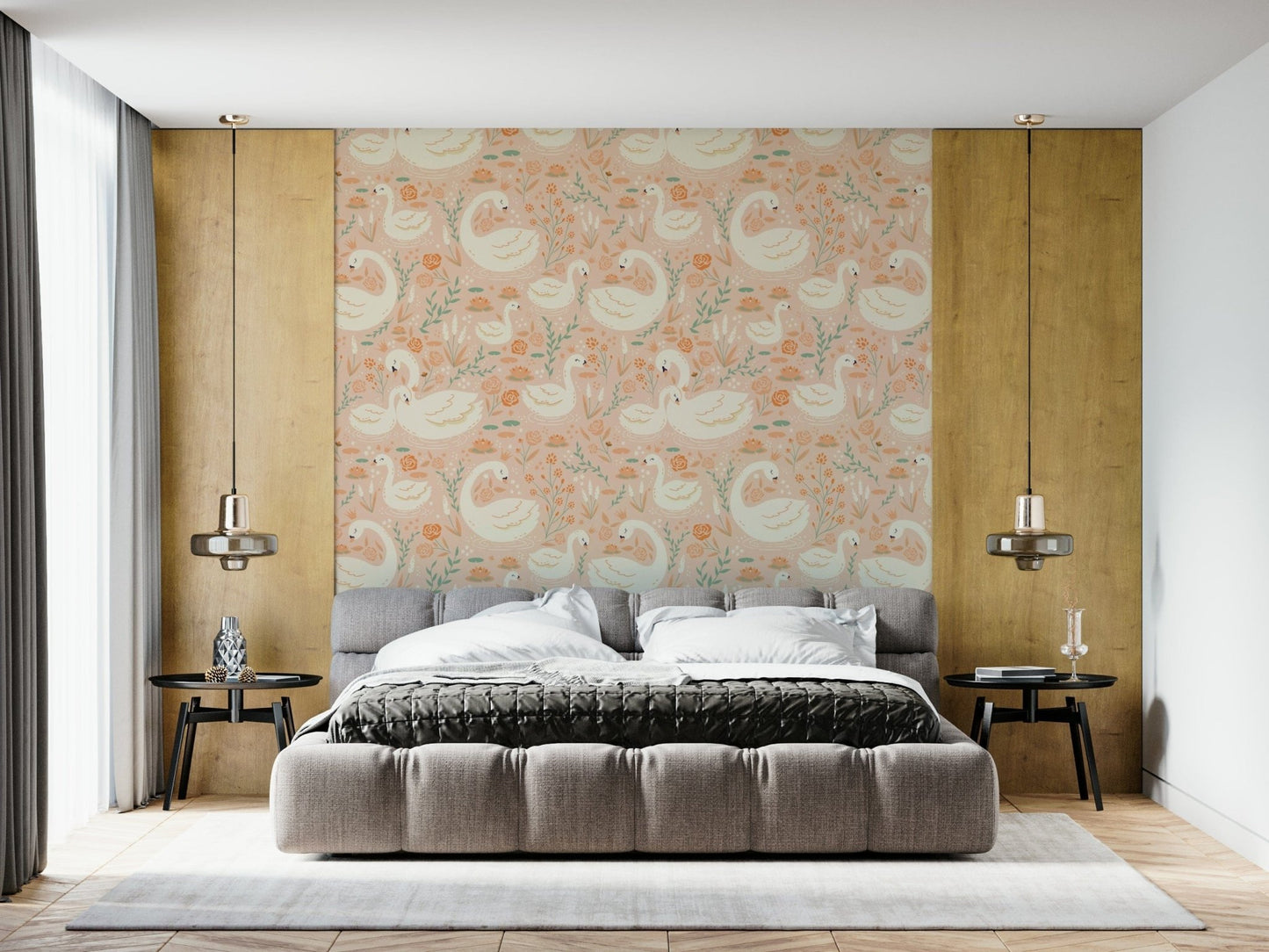 Whimsical floral swan mural blending soft blooms with serene lake imagery.