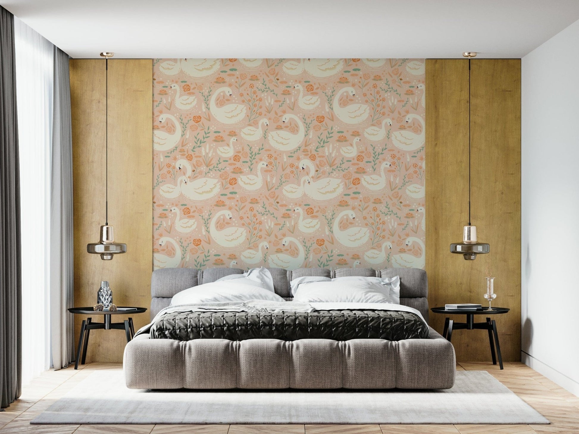 Whimsical floral swan mural blending soft blooms with serene lake imagery.