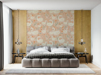 Whimsical floral swan mural blending soft blooms with serene lake imagery.