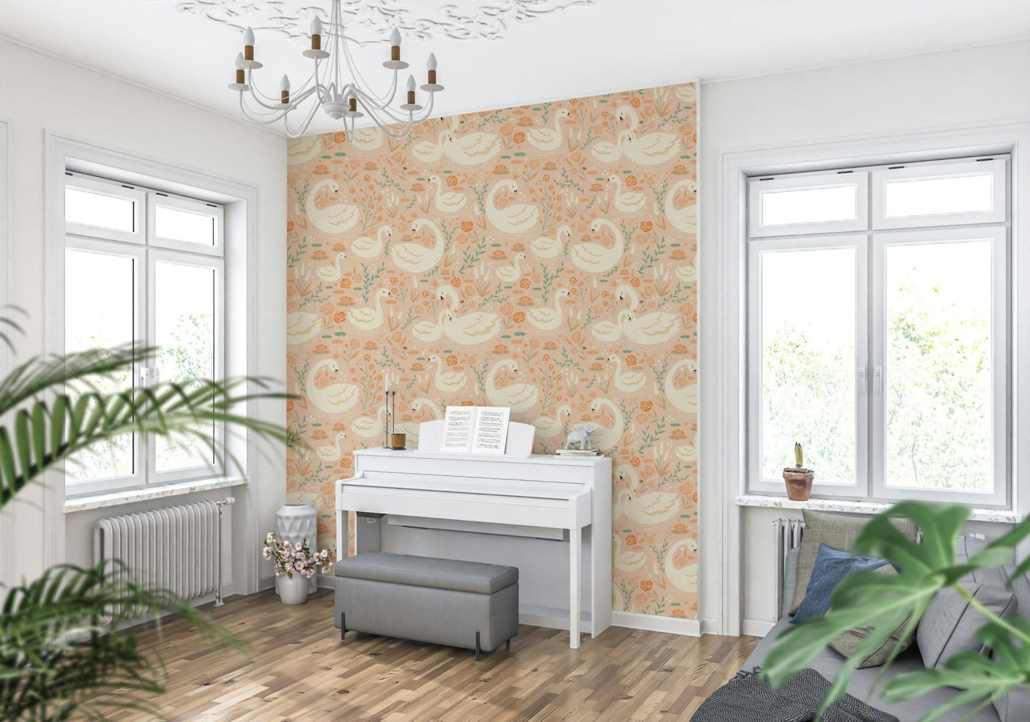 Swan Lake Floral Dreams wallpaper featuring graceful swans surrounded by soft floral blooms.