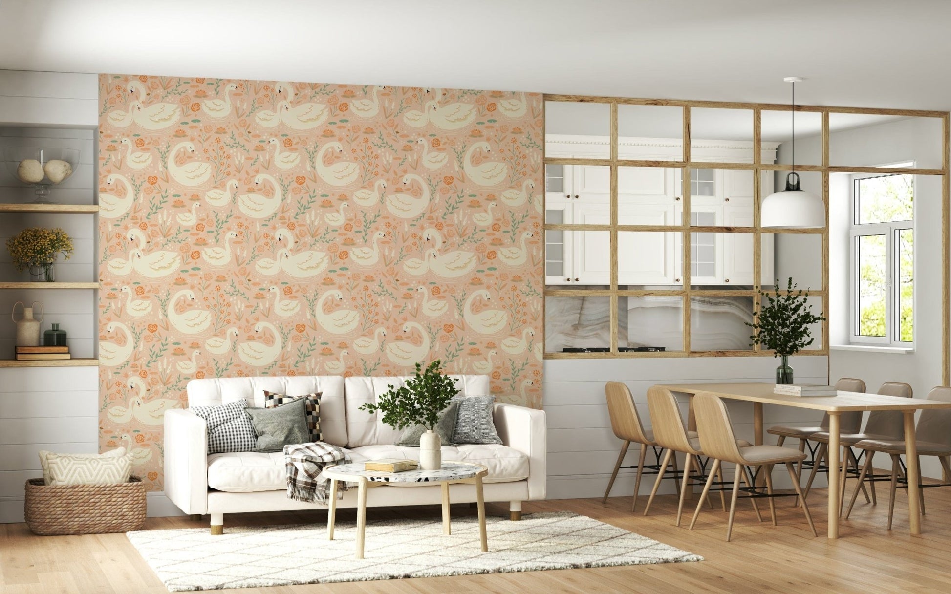 Romantic swans gliding through a dreamy lake filled with gentle floral accents.