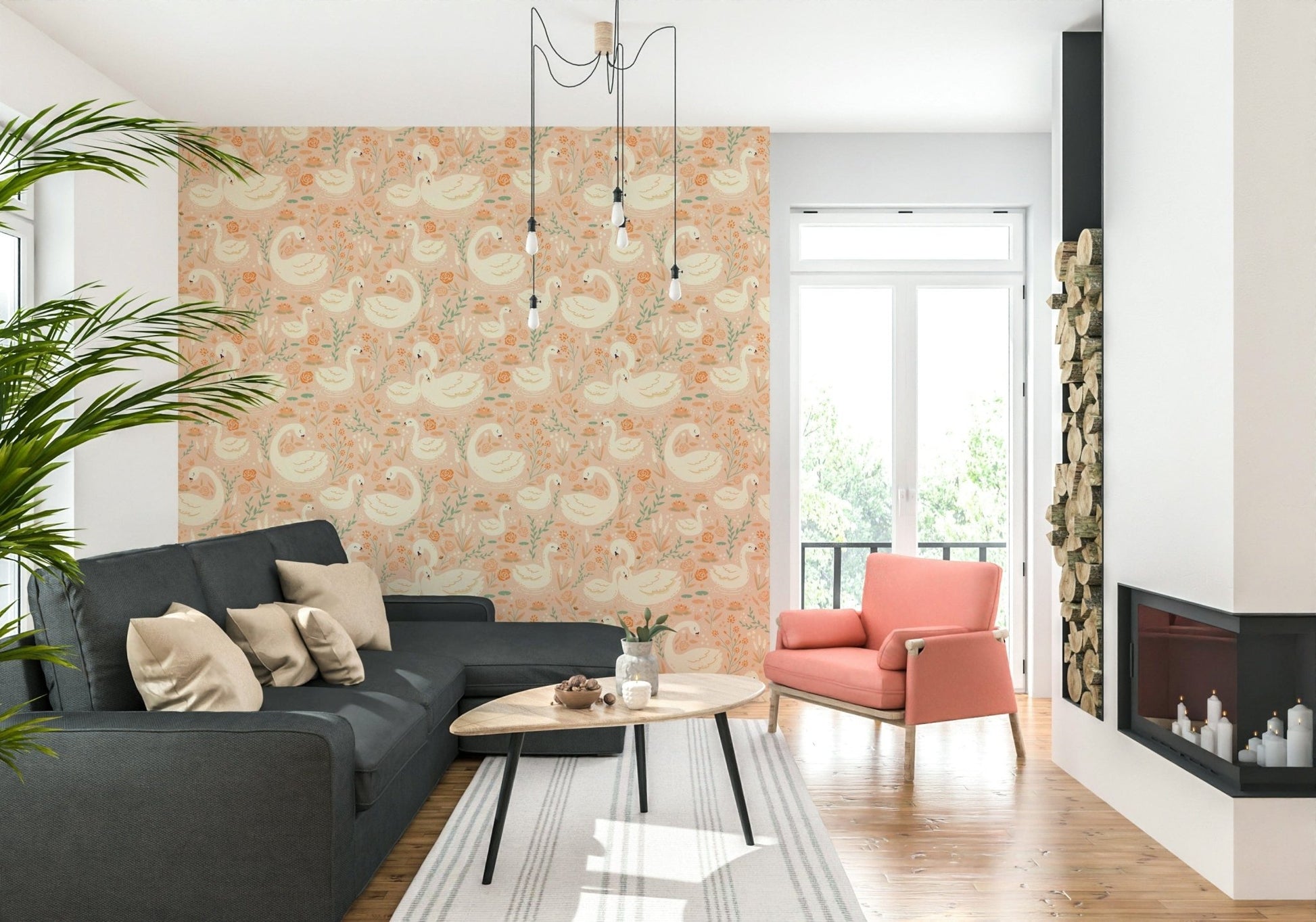 Soft floral garden merging with serene swans for a fairytale-inspired design.