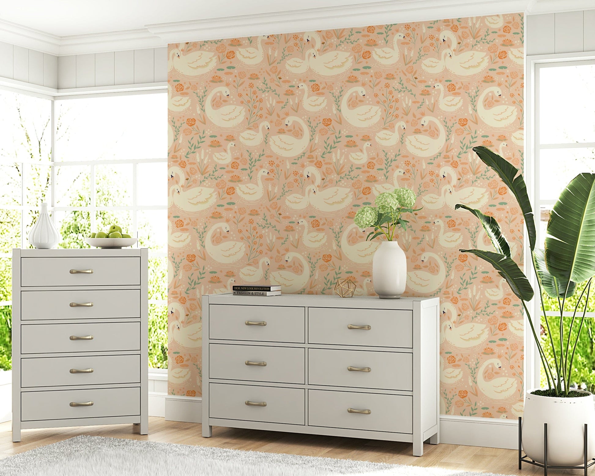 Dreamy lake scene with elegant swans and delicate pastel flowers.