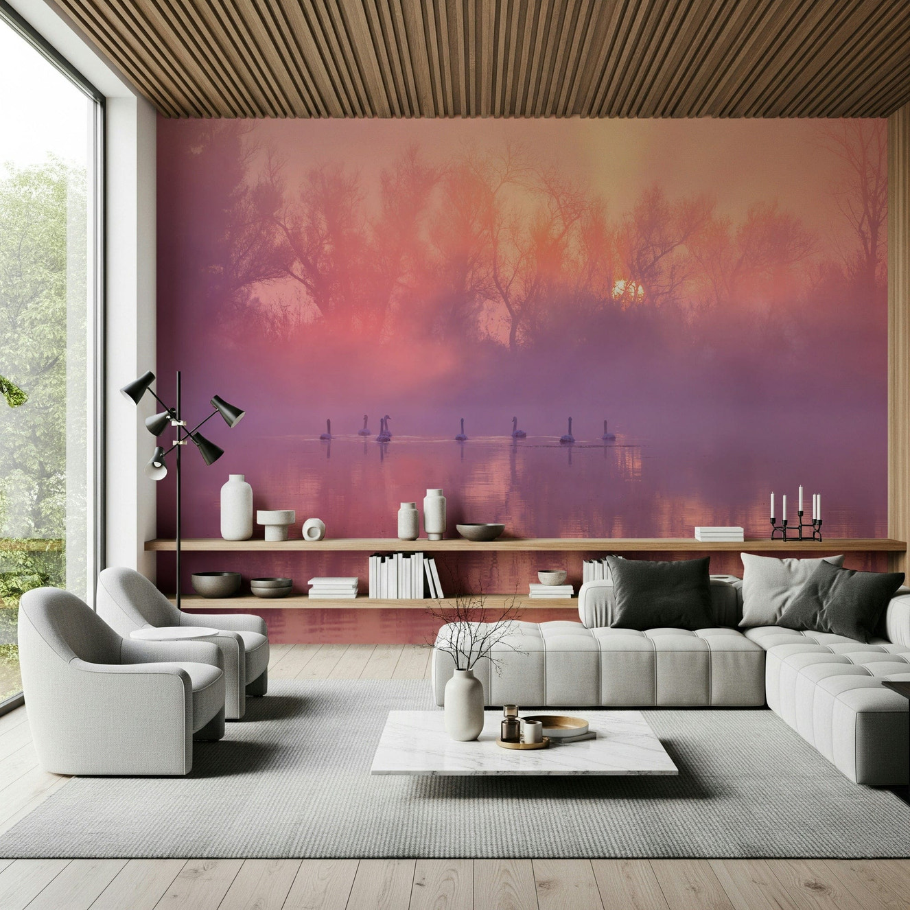 Elegant swan wallpaper perfect for bedrooms, living rooms, or nurseries.