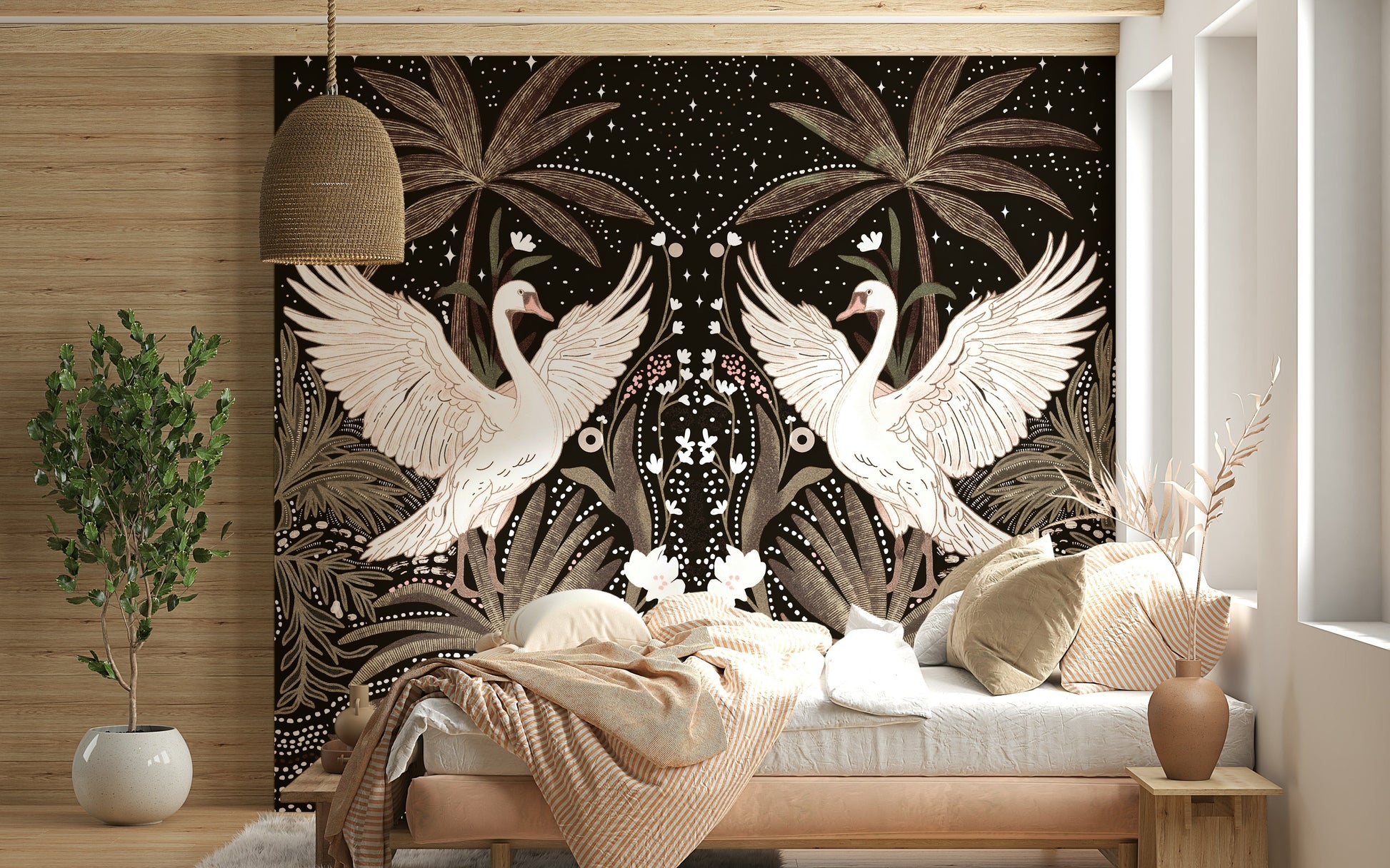 Symmetrical design magical Swan Nightfall Serenity mural print.