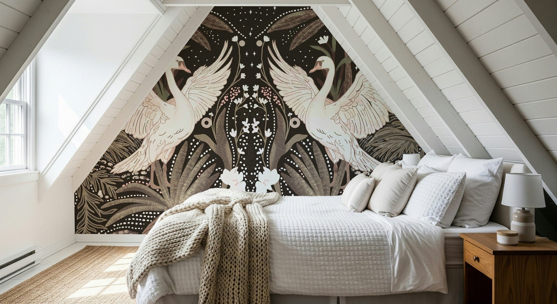 Jungle motif elegant Swan Nightfall Serenity decorative panel.