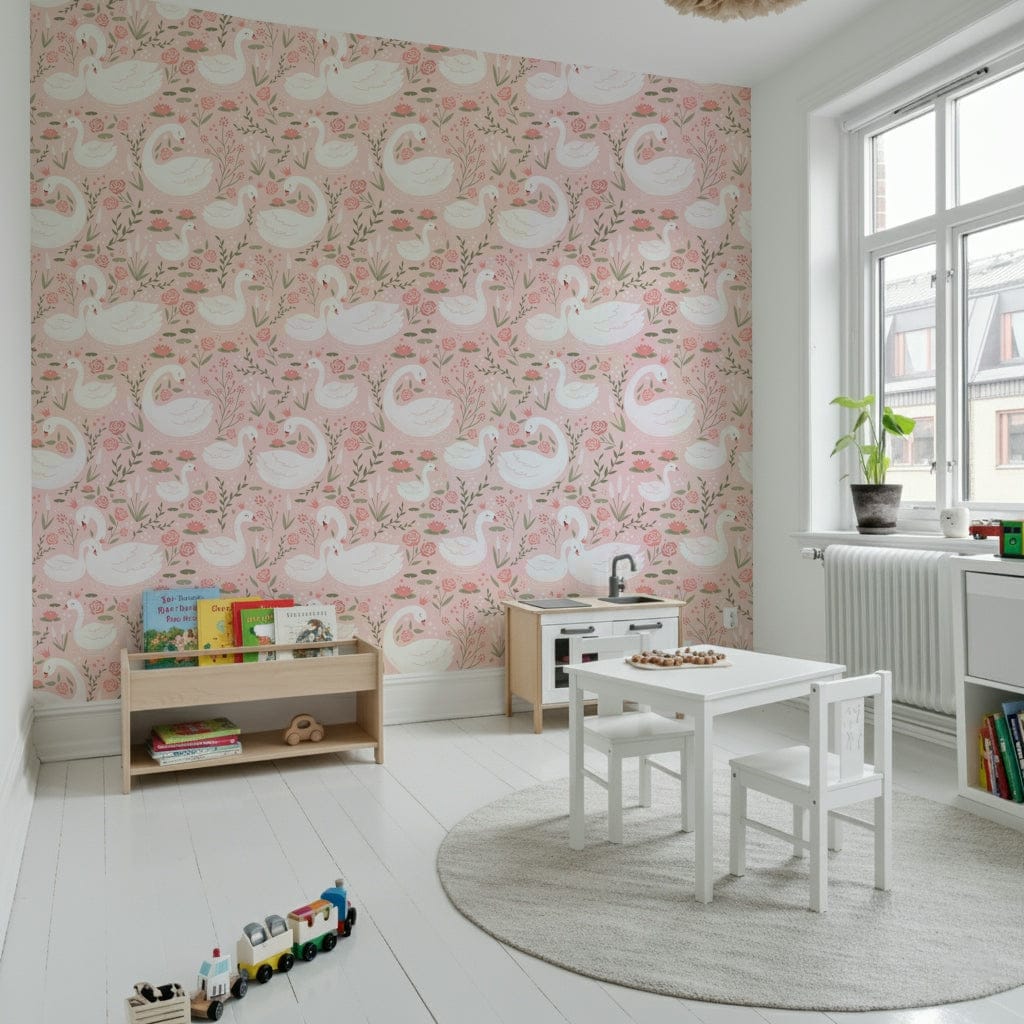 Dreamy wallpaper featuring swans in a peaceful, enchanted garden landscape.
