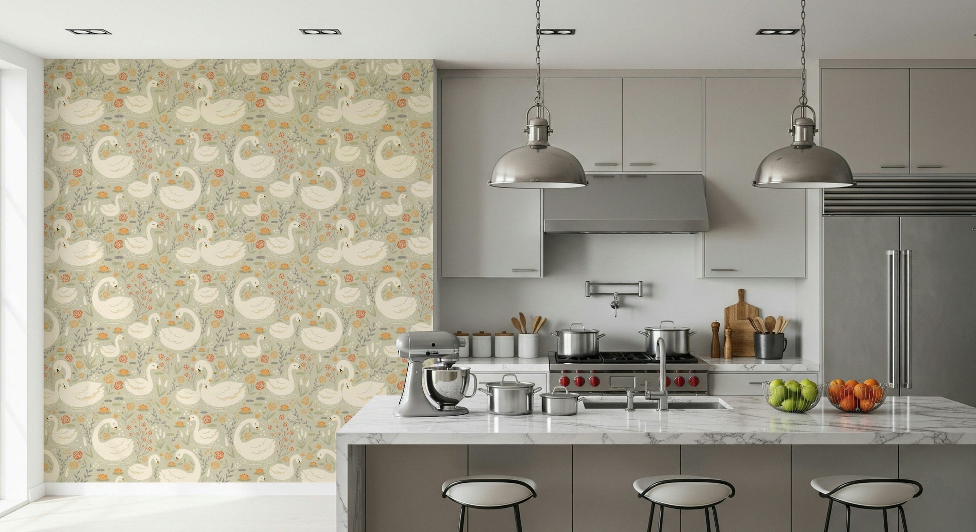 Romantic swans swimming on a tranquil lake with gentle pastel tones.