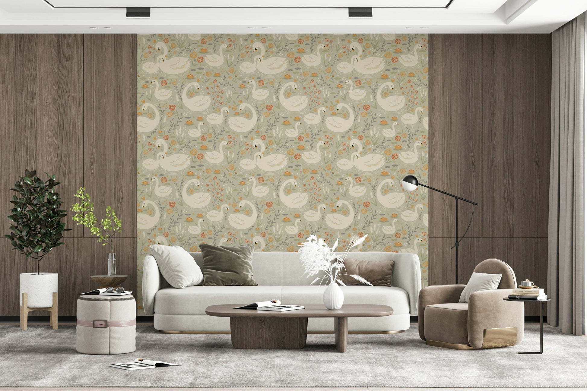 Enchanting lake mural with elegant swans surrounded by soft, misty hues.