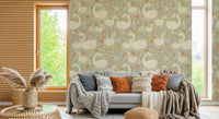 Swan Lake Dreams wallpaper featuring graceful swans gliding across a dreamy lake scene.