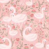 Artistic swan pattern with warm pink tones and gentle floral accents.