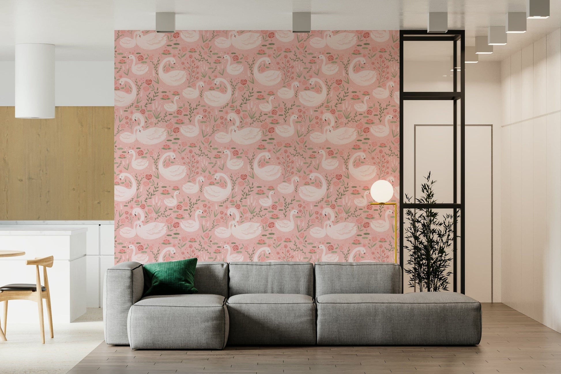Peaceful rosy backdrop with elegant swans for a calming wall aesthetic.
